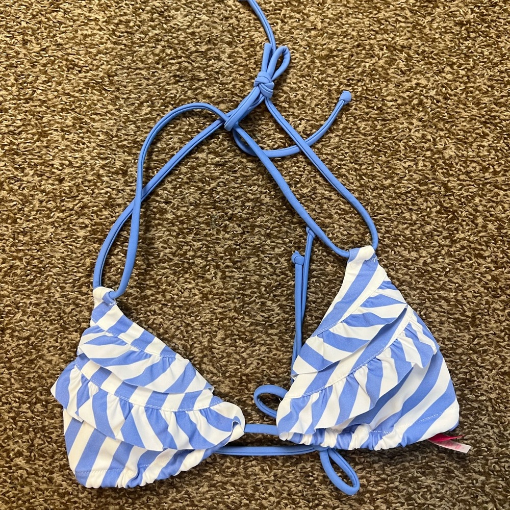 Womens Bikini Top Size Small VICTORIA SECRET Swimsuit Blue White Ruffles Print